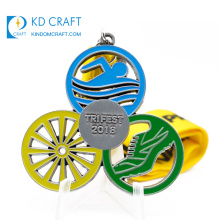 Wholesale china custom metal enamel sports cycling swimming running triathlon medal with printed strap